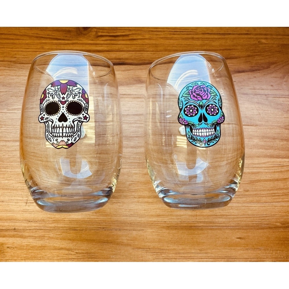 Stemless Wine Glass DAY OF THE DEAD Painted Scull 14 fl oz Set‎ Of 2